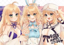 3girls ahoge animal_ears artoria_caster_(fate) artoria_caster_(swimsuit)_(fate) artoria_caster_(swimsuit)_(first_ascension)_(fate) artoria_caster_(swimsuit)_(second_ascension)_(fate) artoria_caster_(swimsuit)_(third_ascension)_(fate) artoria_pendragon_(fate) bare_shoulders baseball_cap bikini blonde_hair blue_dress blue_one-piece_swimsuit blush bow breasts cropped_jacket detached_sleeves dress facial_mark fake_animal_ears fate/grand_order fate_(series) forehead_mark green_eyes hair_bow hairband hat highres jacket long_hair long_sleeves looking_at_viewer multiple_girls multiple_persona navel noa_pisces one-piece_swimsuit open_mouth puffy_short_sleeves puffy_sleeves rabbit_ears short_sleeves shrug_(clothing) skirt small_breasts smile swimsuit twintails very_long_hair white_bikini white_hat white_jacket white_skirt white_sleeves wide_sleeves
