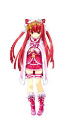 Rule 34 | 1girl, beatmania, beatmania iidx, boots, cape, crown, detached sleeves, dress, frills, full body, fur trim, hair ornament, highres, jewelry, kinoshita ichi, knee boots, long hair, looking at viewer, open mouth, pleated skirt, red eyes, red hair, ribbon, short dress, simple background, skirt, smile, solo, thigh strap, umegiri ameto, white background