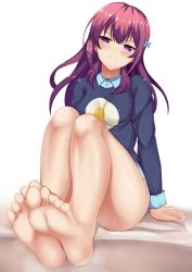 Rule 34 | 1girl, absurdres, arms at sides, barefoot, blue bow, blue shirt, blush, bottomless, bow, breasts, buttons, closed mouth, collared shirt, feet, foot focus, girlish number, hair bow, highres, karasuma chitose (girlish number), knees up, long hair, long sleeves, looking at viewer, medium breasts, no panties, no shoes, otono fei, purple eyes, purple hair, red hair, shirt, sitting, skin tight, smile, smug, soles, solo, sweat, toenails, toes, undershirt
