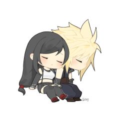 Rule 34 | 1boy, 1girl, armor, bare shoulders, black gloves, black hair, black skirt, black thighhighs, blonde hair, blush, boots, breasts, chibi, closed eyes, cloud strife, commentary, couple, crop top, duoj ji, elbow gloves, english commentary, final fantasy, final fantasy vii, final fantasy vii remake, fingerless gloves, full body, gloves, head on another&#039;s shoulder, highres, long hair, low-tied long hair, medium breasts, parted lips, red footwear, shoulder armor, simple background, single bare shoulder, sitting, skirt, sleeping, spiked hair, suspender skirt, suspenders, sweater, swept bangs, tank top, thighhighs, tifa lockhart, turtleneck, turtleneck sweater, twitter username, white background, white tank top