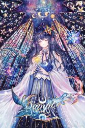 Rule 34 | 1girl, alternate costume, arknights, astesia (arknights), bird, blue dress, blue hair, closed eyes, dress, eyelashes, feet out of frame, fingers together, floral print, flying, hair ornament, halo, highres, long hair, long sleeves, moon phases, nebula, polaris (star), ribbon, sample watermark, sky, light smile, smile, solo, spirit, stained glass, standing, star (sky), star (symbol), star trail, starry sky, watermark