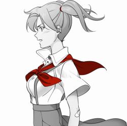Rule 34 | 1girl, aconitea, bandaid, bandaid on arm, breasts, from side, greyscale, hair tie, medium breasts, monochrome, neckerchief, open mouth, original, solo, spot color, suspenders, twintails, upper body