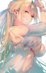 Rule 34 | 1girl, arms up, bare shoulders, bikini, blonde hair, blush, braid, breasts, character request, closed mouth, commentary request, fate/grand order, fate (series), from side, green eyes, halterneck, long hair, mebaru, navel, nero claudius (fate), nero claudius (fate) (all), nero claudius (swimsuit caster) (fate), nero claudius (swimsuit caster) (third ascension) (fate), see-through, sidelocks, simple background, smile, solo, stomach, striped bikini, striped clothes, swimsuit, upper body, very long hair, white background