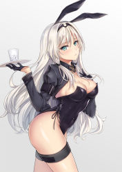 Rule 34 | 1girl, an-94 (girls&#039; frontline), animal ears, aqua eyes, armband, black gloves, black jacket, black leotard, blush, breasts, cleavage, collar, collarbone, covered navel, cowboy shot, cup, fake animal ears, fake tail, girls&#039; frontline, gloves, gradient background, hairband, half gloves, hand on own chest, highres, holding, holding tray, ice, ice cube, jacket, leotard, long hair, long sleeves, looking at viewer, medium breasts, open mouth, parted lips, playboy bunny, rabbit ears, rabbit tail, shiny skin, shrug (clothing), sidelocks, silver hair, simple background, solo, tail, teeth, thigh strap, tray, very long hair, yuemanhuaikong