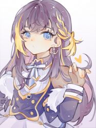 Rule 34 | 1girl, anchor earrings, aqua eyes, blue eyes, brown hair, commentary, earrings, highres, jewelry, long hair, multicolored hair, nijisanji, nijisanji en, official alternate costume, petra gurin, petra gurin (2nd costume), purple hair, simple background, solo, sxbmmxb, symbol-only commentary, two-tone bowtie, two-tone hair, virtual youtuber, white background, yellow nails