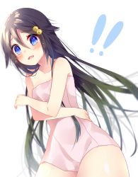 Rule 34 | !, !!, 10s, 1girl, bad id, bad pixiv id, black hair, blue eyes, blush, breasts, female focus, hair ornament, highres, izumi reina, long hair, looking at viewer, mafuyu (chibi21), musaigen no phantom world, naked towel, open mouth, small breasts, solo, towel