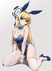 Rule 34 | 1girl, animal ears, bare shoulders, blonde hair, blue archive, blue bow, blue eyes, blue hairband, blue leotard, bow, bowtie, braid, breasts, cleavage, covered navel, detached collar, earpiece, fake animal ears, full body, grey background, hairband, halo, hayaya0511, high heels, highleg, highleg leotard, highres, kneeling, leotard, long hair, looking at viewer, medium breasts, microphone, official alternate costume, official alternate hairstyle, playboy bunny, rabbit ears, simple background, skindentation, solo, thighhighs, thighs, toki (blue archive), toki (bunny) (blue archive), very long hair, white thighhighs, wrist cuffs