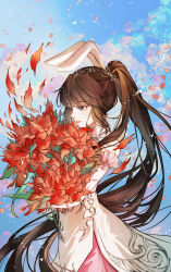 Rule 34 | 1girl, absurdres, animal ears, artist request, bare shoulders, blue sky, brown eyes, brown hair, closed mouth, douluo dalu, dress, falling petals, flower, from side, hair ornament, highres, holding, holding flower, long hair, petals, pink dress, ponytail, rabbit ears, second-party source, sky, solo, upper body, xiao wu (douluo dalu)