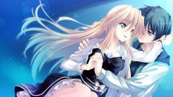 Rule 34 | 10s, 1boy, 1girl, blonde hair, bow, couple, ermalit de blanchefort, frills, game cg, green eyes, holding hands, hand on shoulder, hetero, jewelry, long hair, love 2 quad, naruse hirofumi, necklace, open mouth, smile