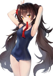 Rule 34 | 1girl, :3, absurdres, armpits, arms up, bada (jksh5056), bare arms, bare shoulders, blue one-piece swimsuit, breasts, brown eyes, brown hair, closed mouth, collarbone, commentary request, covered navel, girls&#039; frontline, hair ribbon, highres, long hair, looking at viewer, medium breasts, mouth hold, old school swimsuit, one-piece swimsuit, type 97 (girls&#039; frontline), red ribbon, ribbon, ribbon in mouth, school swimsuit, simple background, solo, swimsuit, twintails, very long hair, white background