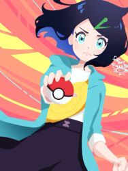 1girl black_hair black_skirt clenched_hand closed_mouth coat colored_inner_hair commentary_request creatures_(company) floating_hair frown game_freak green_coat green_eyes hair_ornament hairclip holding holding_poke_ball kani_(esct5327) liko_(pokemon) looking_at_viewer multicolored_hair nintendo open_clothes open_coat poke_ball poke_ball_(basic) pokemon pokemon_(anime) pokemon_horizons shirt skirt sleeves_past_elbows solo white_shirt yellow_bag