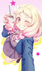 Rule 34 | 1girl, blonde hair, braid, brown footwear, clenched teeth, collared shirt, cup, deadnooodles, disposable cup, dress, drinking straw, gradient hair, halftone, hand up, highres, holding, holding cup, loafers, long hair, long sleeves, looking at viewer, love live!, love live! superstar!!, multicolored hair, neck ribbon, one eye closed, onitsuka natsumi, pink eyes, pink hair, red ribbon, ribbon, selfie, shirt, shoes, smile, solo, star (symbol), teeth, two-tone hair, white shirt