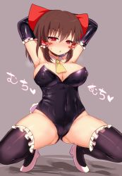 Rule 34 | 1girl, armpits, arms behind head, black gloves, black thighhighs, blush stickers, bow, breasts, brown hair, cleavage, commentary request, cookie (touhou), covered erect nipples, detached collar, elbow gloves, gloves, hair bow, hair tubes, hakurei reimu, heart, heart-shaped pupils, large breasts, leotard, long glove, looking at viewer, playboy bunny, rabbit tail, red bow, red eyes, renoa yu, reu (cookie), shoes, solo, squatting, sweat, symbol-shaped pupils, tail, thighhighs, touhou, white footwear