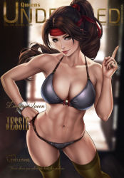 Rule 34 | 1girl, abs, blurry, blurry background, bra, bracelet, breasts, brown eyes, brown hair, cleavage, collarbone, dandon fuga, english text, female focus, final fantasy, final fantasy vii, final fantasy vii remake, green thighhighs, grey bra, grey panties, hand on own hip, headband, highres, index finger raised, jessie rasberry, jewelry, large breasts, long hair, looking at viewer, matching hair/eyes, moogle, muscular, muscular female, navel, panties, pinup (style), ponytail, red headband, smile, solo, standing, stomach, thighhighs, toned, underwear