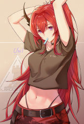 Rule 34 | 1girl, absurdres, arknights, arms up, belt, black belt, black choker, breasts, chinese commentary, choker, commentary request, crop top, cross, cross necklace, food, food in mouth, grey background, hair between eyes, hair intakes, highleg, highleg panties, highres, horns, jewelry, long hair, looking at viewer, medium breasts, midriff, mouth hold, navel, necklace, official alternate costume, panties, popsicle, purple eyes, red hair, red skirt, revision, rhodes island logo (arknights), skirt, solo, stomach, surtr (arknights), surtr (liberte echec) (arknights), underwear, unique (pixiv12704744), upper body, very long hair