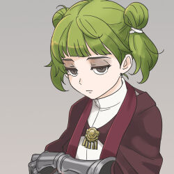 Rule 34 | 1girl, closed mouth, commentary request, gauntlets, green hair, grey background, grey eyes, half-closed eyes, ksw f m d, short hair, simple background, solo, tassel, tatiana (unicorn overlord), twintails, unicorn overlord, upper body