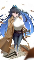 Rule 34 | 1girl, absurdres, autumn leaves, belt, black hair, blue eyes, blue hair, breasts, brown coat, coat, colored inner hair, denim, full body, hair intakes, highres, hololive, hololive english, jeans, large breasts, long hair, long sleeves, looking to the side, multicolored hair, open clothes, open coat, ouro kronii, pants, solo, somebody (leiking00), sweater, sword, virtual youtuber, weapon, white sweater