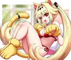 Rule 34 | 1girl, :d, animal hands, bare shoulders, bikini, blonde hair, blurry, blurry background, border, breasts, cat paws, cat tail, cleavage, endou lily, fang, from side, full body, gloves, green hair, hair intakes, hashtag-only commentary, highres, indoors, knees up, long hair, looking at viewer, medium breasts, multicolored hair, open mouth, outside border, paw pose, red bikini, red eyes, sedai one, side-tie bikini bottom, sidelocks, sitting, skin fang, slash-ex, smile, solo, streaked hair, swimsuit, tail, thighs, tiara, twintails, very long hair, virtual youtuber, white border, window, yellow footwear, yellow gloves, yellow tail