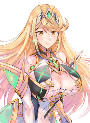 Rule 34 | 1girl, absurdres, bare shoulders, blonde hair, breasts, chest jewel, cleavage, cleavage cutout, clothing cutout, dress, earrings, elbow gloves, gloves, highres, jewelry, large breasts, long hair, mythra (xenoblade), short dress, solo, swept bangs, tiara, ug333333, very long hair, white dress, white gloves, xenoblade chronicles (series), xenoblade chronicles 2, yellow eyes