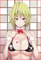 Rule 34 | 1girl, bad id, bad pixiv id, bare shoulders, bikini, black bikini, blonde hair, bow, bowtie, breasts, cleavage, closed mouth, detached collar, heart, heart tattoo, konishiki (52siki), large breasts, looking at viewer, original, red bow, red bowtie, short hair, smile, solo, swimsuit, tattoo, upper body, wrist cuffs, yellow eyes