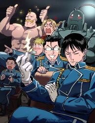 Rule 34 | 6+boys, aiguillette, alex louis armstrong, alphonse elric, amestris military uniform, anger vein, armor, aroused, bald, black eyes, black hair, blonde hair, blood, blue jacket, blue pants, blush, blush stickers, braid, braided ponytail, closed eyes, closed mouth, collared jacket, commentary, double thumbs up, edward elric, english commentary, facial hair, full armor, fullmetal alchemist, glasses, gloves, handlebar mustache, highres, indoors, jacket, jean havoc, kain fuery, maes hughes, male focus, military, military jacket, military uniform, multiple boys, muscular, muscular male, mustache, nosebleed, opaque glasses, open mouth, outstretched arm, pants, patreon username, pointing, roy mustang, short hair, shou tucker&#039;s chimera, sitting, smile, snapping fingers, snegovski, solid circle eyes, sparkle, spiked hair, stubble, sweatdrop, thumbs up, topless male, uniform, wavy mouth, white gloves, wide-eyed