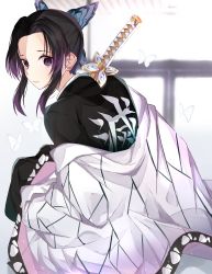Rule 34 | 1girl, absurdres, animal, black hair, black jacket, bug, butterfly, butterfly hair ornament, closed mouth, clothes writing, commentary request, forehead, hair ornament, highres, insect, jacket, katana, kimetsu no yaiba, kochou shinobu, looking at viewer, looking back, multicolored hair, norazura, off shoulder, open clothes, parted bangs, purple eyes, purple hair, sidelocks, solo, streaked hair, sword, translation request, weapon