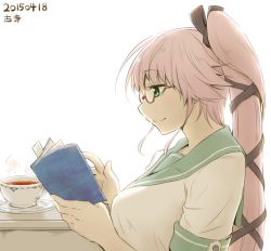 Rule 34 | 10s, 1girl, bad id, bad pixiv id, bespectacled, book, cup, glasses, green eyes, hair ribbon, kantai collection, kodera ju, long hair, open book, pink hair, reading, ribbon, side ponytail, smile, solo, very long hair, yura (kancolle)