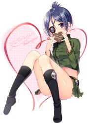 Rule 34 | 10s, 1girl, 2016, ass, bad id, bad pixiv id, black footwear, blue hair, blush, boots, buttons, candy, chocolate, chocolate heart, chrome dokuro, covered mouth, dated, eyelashes, eyepatch, finger ribbon, food, full body, green skirt, hair between eyes, happy valentine, heart, heart background, highres, holding, holding food, katekyo hitman reborn!, knees together feet apart, long sleeves, looking at viewer, midriff, miniskirt, pleated skirt, purple eyes, red ribbon, ribbon, sakuragi ren, short hair, sitting, skirt, skull print, solo, turtleneck, twitter username, valentine, weapon