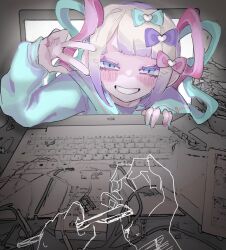 Rule 34 | 1girl, blue bow, blue eyes, blue hair, blue nails, blue shirt, blunt bangs, blush, bow, chouzetsusaikawa tenshi-chan, commentary, computer, grin, hair bow, hair ornament, hand up, heart, heart hair ornament, highres, indoors, laptop, long hair, long sleeves, looking at viewer, mikoi (mkitor hsiryzr), monochrome background, multicolored hair, multicolored nails, needy girl overdose, pink bow, pink hair, pink nails, pov, pov hands, purple bow, quad tails, razor blade, sailor collar, self-harm, self-harm scar, shirt, smile, symbol-only commentary, teeth, through medium, through screen, twintails, v over eye, white hair, wrist cutting