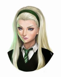 Rule 34 | 1girl, blonde hair, blue eyes, daphne greengrass, hairband, harry potter (series), necktie, school uniform, solo, striped, striped necktie, wizarding world