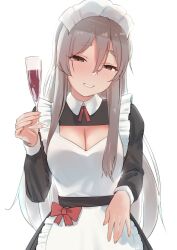 Rule 34 | 1girl, alcohol, alternate costume, apron, black dress, blush, breasts, brown eyes, brown hair, champagne flute, cleavage, cup, dress, drinking glass, enmaided, grin, hair between eyes, highres, holding, holding cup, kantai collection, large breasts, long hair, long sleeves, looking at viewer, maid, maid headdress, pola (kancolle), sakieko, simple background, smile, solo, white background