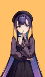 Rule 34 | 1girl, absurdres, beret, black dress, black hat, black ribbon, blue eyes, dress, frown, hat, highres, holding, holding pencil, hololive, hololive english, long hair, long sleeves, neck ribbon, ninomae ina&#039;nis, ninomae ina&#039;nis (casual), pencil, pinafore dress, purple hair, purple sweater, ribbed sweater, ribbon, simple background, sleeveless, sleeveless dress, solo, sweater, thinking, virtual youtuber, yellow background, yoon cook
