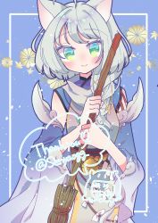 Rule 34 | 1girl, absurdres, animal ears, blue background, braid, breasts, broom, cat ears, cat girl, commentary, commission, detached sleeves, english commentary, flower, green eyes, heart, highres, holding, holding broom, indie virtual youtuber, medium breasts, sayu (vtuber), sayu okami, sayu sincronisity, second-party source, senyaogg, skeb commission, smile, solo, twitter username, virtual youtuber, yellow flower