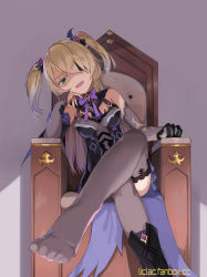 Rule 34 | 1girl, :d, black footwear, black gloves, blonde hair, boots, breasts, bridal gauntlets, commentary request, crossed legs, eyepatch, feet, feet out of frame, fischl (genshin impact), foot focus, foreshortening, genshin impact, gloves, green eyes, grey leotard, grey thighhighs, hair over one eye, leaning to the side, legs, leotard, liclac, long hair, looking at viewer, medium breasts, open mouth, shaded face, single boot, single glove, sitting, smile, solo, thighhighs, throne, two side up, watermark, web address