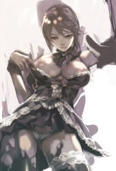 Rule 34 | 1girl, aoin, areola slip, bare shoulders, black dress, black pantyhose, blush, braid, breast slip, breasts, bridal garter, brown hair, cameltoe, clothes pull, cowboy shot, detached collar, detached sleeves, dress, dress pull, gothic lolita, groin, hair over shoulder, kagero deception, kagerou ii, lace, lace-trimmed dress, lace trim, large breasts, lips, lolita fashion, looking at viewer, looking down, nipples, no bra, one breast out, original, panties, pantyhose, pink eyes, puffy nipples, pulled by self, rachel (kagerou), rachel (trapt), red eyes, short hair, simple background, solo, standing, tecmo, thighhighs, torn clothes, torn legwear, trapt, underwear, undressing