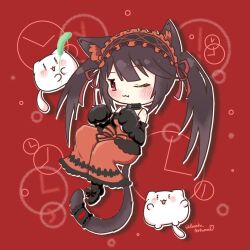 Rule 34 | 1girl, analog clock, animal ear fluff, animal ears, animal hands, artist name, bare shoulders, black hair, blush, breasts, cat, cat ears, cat paws, cat tail, cat teaser, chibi, cleavage, clock, collar, date a live, dress, gothic lolita, hairband, highres, lolita fashion, lolita hairband, long hair, medium breasts, one eye closed, pannko nekoman, red background, red eyes, ribbon, shoes, smile, solo, solo focus, tail, thighhighs, tokisaki kurumi, twintails, uneven twintails