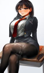 Rule 34 | 1girl, absurdres, arms behind back, black hair, black jacket, black mask, black pantyhose, black skirt, blazer, blush, breasts, brown eyes, buttons, clenched teeth, collared shirt, crossed legs, cum, cum on body, cum on clothes, cum on legs, cum string, cumdrip, desk, dress shirt, eyelashes, feet out of frame, grimace, hair strand, hetero, highres, jacket, korean text, large breasts, legs, lips, long hair, looking at viewer, loose necktie, mask, mole, mole under eye, mouth mask, naingnaing, name tag, necktie, on desk, open clothes, open collar, open jacket, open mouth, original, out of frame, pantyhose, parted lips, red necktie, school uniform, shadow, shirt, shirt tucked in, simple background, sitting, on desk, skirt, solo, steam, surgical mask, teeth, thighs, unbuttoned, unbuttoned shirt, uniform, white background, white shirt, wrinkled fabric