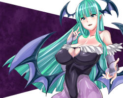 Rule 34 | 1girl, :d, animal print, aqua hair, artist request, bad id, bad pixiv id, bare shoulders, bat print, bat wings, blue eyes, blunt bangs, blush, breasts, bridal gauntlets, capcom, cleavage, cleavage cutout, clothing cutout, covered erect nipples, cowboy shot, demon girl, earrings, elbow gloves, feathers, fingerless gloves, from side, gloves, head wings, heart, heart cutout, highleg, highleg leotard, jewelry, large breasts, leotard, long hair, looking at viewer, m/, minemura, morrigan aensland, open mouth, outstretched hand, pantyhose, print pantyhose, purple background, purple pantyhose, smile, solo, stud earrings, vampire (game), very long hair, wings