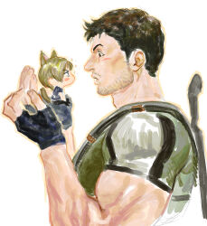 Rule 34 | 123456dyom, 2boys, animal ears, black gloves, black hair, blush, brown hair, cat boy, cat ears, cat tail, chibi, chris redfield, facial hair, fingerless gloves, gloves, green shirt, highres, leon s. kennedy, looking at another, male focus, multiple boys, resident evil, resident evil 6, shirt, short hair, simple background, tail, weapon, weapon on back, white background