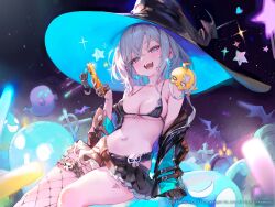 Rule 34 | 1girl, azur lane, bandaid, bandaid on head, bikini, black bikini, black gloves, black jacket, black skirt, breasts, cat ornament, cellphone, commentary request, fangs, fishnet thighhighs, fishnets, freng, frilled straps, ghost, gloves, half gloves, hat, highres, holding, holding phone, jacket, jade (a good girl&#039;s magic) (azur lane), jade (azur lane), layered skirt, leather, leather jacket, looking at viewer, manjuu (azur lane), medium breasts, microskirt, mole, mole under eye, navel, off shoulder, official alternate costume, official art, open clothes, open jacket, open mouth, phone, pink hair, single thighhigh, skirt, skull belt, smartphone, smile, solo, star (symbol), stomach, swimsuit, thighhighs, witch, witch hat