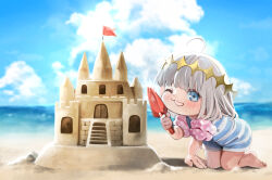 Rule 34 | 1boy, ahoge, beach, bent over, blonde hair, blue eyes, blue sky, blush, chibi, cloud, cloudy sky, commentary request, crown, diamond (shape), diamond crown, fate/grand order, fate (series), full body, hairband, hand up, happy, holding, holding shovel, inflatable, inflatable armbands, looking at viewer, male focus, oberon (fate), one-piece swimsuit, one eye closed, open mouth, outdoors, polka dot, sand, sand castle, sand sculpture, sausu hitori, short hair, shovel, sky, smile, solo, swimsuit, tagme, water, wink, yellow hairband, yellow headwear