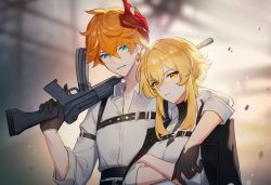 Rule 34 | 1boy, 1girl, absurdres, arm around neck, arm over shoulder, bad id, bad twitter id, black gloves, black jacket, blonde hair, blue eyes, blurry, blurry background, chest harness, closed mouth, crossed arms, earrings, genshin impact, gloves, gun, harness, highres, holding, holding gun, holding weapon, jacket, jacket on shoulders, jewelry, looking at another, looking at viewer, lumine (genshin impact), mask, mask on head, meuni 07, orange hair, red mask, shirt, short hair, short hair with long locks, single earring, smile, tartaglia (genshin impact), upper body, weapon, white shirt, yellow eyes