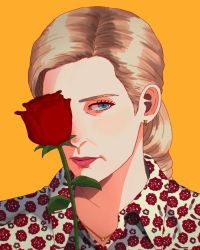 Rule 34 | 1girl, better call saul, blonde hair, blue eyes, breaking bad, earrings, floral print, flower, highres, jewelry, kim wexler, lipstick, makeup, mature female, necklace, one eye covered, portrait, prim42, red flower, red lips, red rose, rose, solo, yellow background