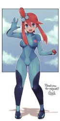 Rule 34 | 1girl, :d, arm up, blue bodysuit, blue eyes, blush, bodysuit, breasts, brown hair, commission, covered erect nipples, creatures (company), full body, game freak, gluteal fold, highres, holding, holding poke ball, lamb-oic029, large breasts, long hair, looking at viewer, nintendo, open mouth, outline, poke ball, poke ball (basic), pokemon, pokemon bw, skeb commission, skyla (pokemon), smile, solo, standing, teeth, upper teeth only, white outline, zero suit