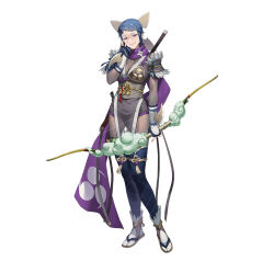 Rule 34 | 1girl, blue hair, bow (weapon), breasts, brown eyes, chyko, cleavage, fire emblem, fire emblem fates, fire emblem heroes, full body, hand on own face, holding, holding bow (weapon), holding weapon, large breasts, looking at viewer, ninja, nintendo, official art, reina (fire emblem), reina (ninja) (fire emblem), sandals, scar, scar on face, smile, weapon, zouri
