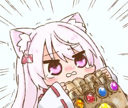 Rule 34 | 1girl, alternate costume, animal ear fluff, animal ears, blush, blush stickers, cat ears, chibi, commentary, emphasis lines, grey background, hair between eyes, hair ornament, hairclip, holding, infinity gauntlet, japanese clothes, kimono, long hair, long sleeves, marvel, nekoyama, nijisanji, nose blush, parted lips, pink eyes, pink hair, ribbon-trimmed sleeves, ribbon trim, shiina yuika, shiina yuika (3rd costume), simple background, sleeves past wrists, solo, tears, trembling, upper body, virtual youtuber, white kimono, wide sleeves