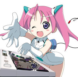 Rule 34 | 1girl, ;d, bent over, blue eyes, blush, cable, foreshortening, gloves, long hair, looking at viewer, lowres, machinery, one eye closed, open mouth, outstretched arm, pink hair, screen, simple background, smile, solo, tsukigami runa, twintails, white background, white gloves