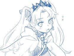 Rule 34 | 1girl, blush, bow, breasts, cape, cleavage, detached collar, earrings, ereshkigal (fate), fate/grand order, fate (series), greyscale, hair bow, hoop earrings, infinity symbol, jewelry, long hair, looking at viewer, monochrome, mori goma, open mouth, parted bangs, round teeth, skull, spine, teeth, tiara, twintails