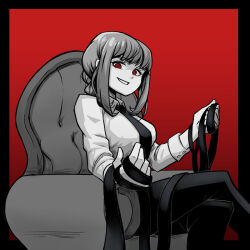 Rule 34 | 1girl, aneurysm ax, black necktie, black pants, braid, braided ponytail, chainsaw man, collared shirt, crossed legs, grey hair, highres, holding, holding leash, leash, looking at viewer, makima (chainsaw man), medium hair, necktie, pants, pov, red background, red eyes, red theme, ringed eyes, shirt, shirt tucked in, sidelocks, simple background, sitting, smile, solo, viewer on leash, white shirt