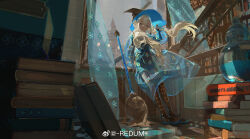 Rule 34 | 1girl, absurdres, artist name, blonde hair, blue dress, blue eyes, blue hat, book, book stack, bookshelf, broom, chinese commentary, commentary request, curtains, dress, full body, hat, highres, indoors, long hair, looking at viewer, original, redum4, shadow, smile, solo, standing, twintails, weibo watermark, window, witch, witch hat